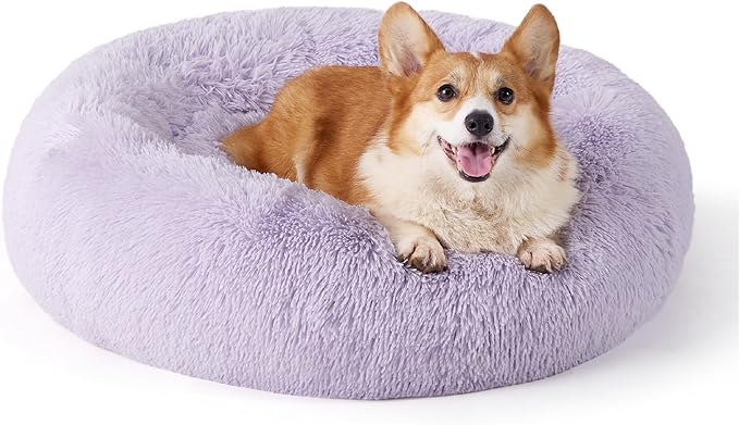 Bedsure Calming Dog Bed for Medium Dogs - Donut Washable Medium Pet Bed, 30 inches Anti-Slip Round Fluffy Plush Faux Fur Cat Bed, Fits up to 45 lbs Pets, Purple