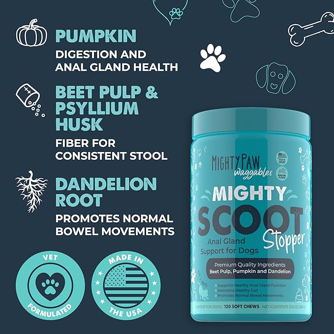 Mighty Paw Waggables Mighty Scoot (Made in USA) | Dog Digestive Support Anal Gland Chews. Dog Anal Gland Scoot for Dogs. Beet Pulp & Pumpkin Dog Fiber Supplements. Pet Bowel Gut Health (120 Count)