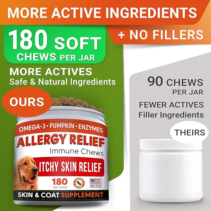 StrellaLab Dog Allergy Relief & Anti Itch Support Chews w/Omega 3: Real Ingredients, Real Taste! Skin & Coat Immune Supplement w/Fish Oil, Pumpkin & Enzymes — Developed by Experts - Made in USA -180Ct