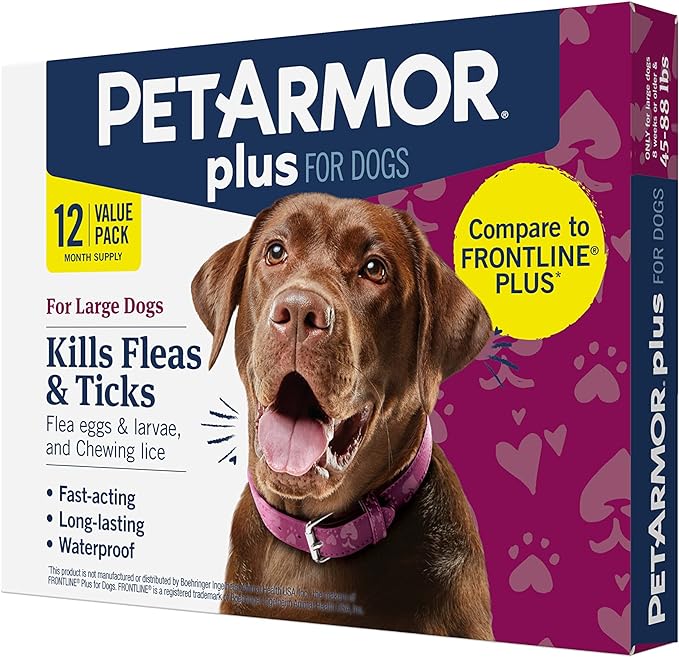 PetArmor Plus Flea and Tick Prevention for Dogs, Dog Flea and Tick Treatment, 12 Doses, Waterproof Topical, Fast Acting, Large Dogs Dogs (45-88 lbs)