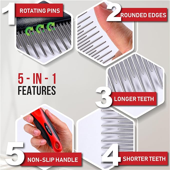 Poodle Comb for Dogs with Rotating Teeth - Smoothest Pet Comb with 5-in-1 Features for Dematting - Dog Essentials for Small Dogs and Large Dogs