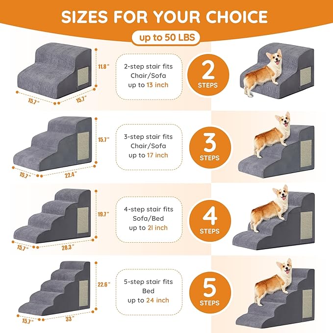 Dog Steps for Bed, Dog Stairs for Small Dogs, 2-Step Dog Ramp for Bed, Couch, Sofa, and Chairs, Non-Slip Bottom Design, Cat Scratching, High Density Foam Portable Pet Step, Indoor, Grey