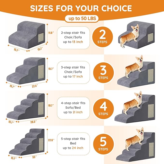 Dog Steps for Bed, Dog Stairs for Small Dogs, 4-Step Dog Ramp for Bed, Couch, Sofa, and Chairs, Non-Slip Bottom Design, Cat Scratching, High Density Foam Portable Pet Step, Indoor, Grey