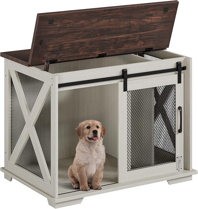 Furniture Style Dog Crate End Table with Sliding Barn Door, Indoor Dog Kennel Furniture with Removable Divider, Flip Top Dog Crate Table, Dog House,Dog Crate Furniture, White