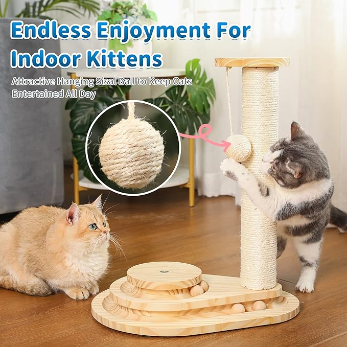 Made4Pets Cat Scratcher, Scratching Post for Indoor Cats with Stable Widen Base, 18.9" Tall Wood Ball Toy with 2-Level Track for Small Kittens, Natural Sisal Rope and Ball for Fun