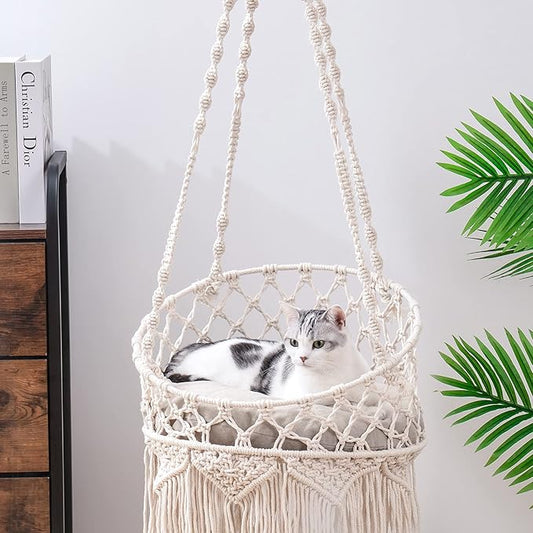 MEWOOFUN Macrame Cat Hammock, Hanging Cat Bed Hammock Cat Swing for Indoor Cats, Boho Cat Swing Bed for Sleeping, Playing, Climbing, and Lounging (Beige)