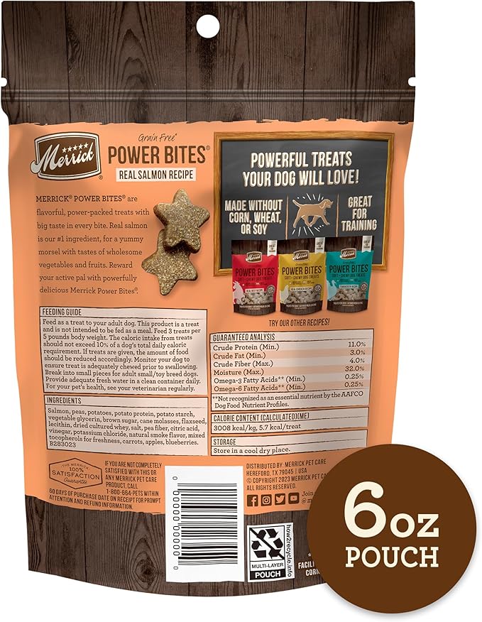 Merrick Power Bites Natural Soft And Chewy Real Meat Dog Treats, Grain Free Snack With Real Salmon Recipe - 6 oz. Bag