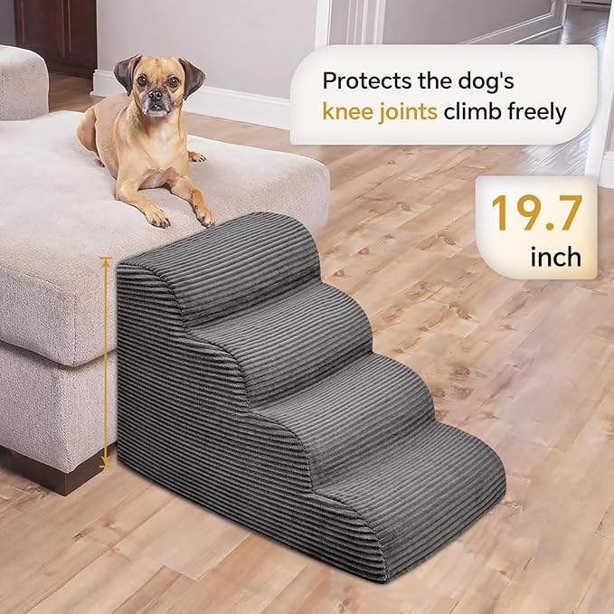 Curved Dog Stairs Ramp for High Beds 19.7" H, 4-Step Dog Steps for Small Dogs and Cats, Removable and Washable Pet Stairs for High Bed Climbing, Non-Slip Balanced Pet Step Indoor, Deep Grey