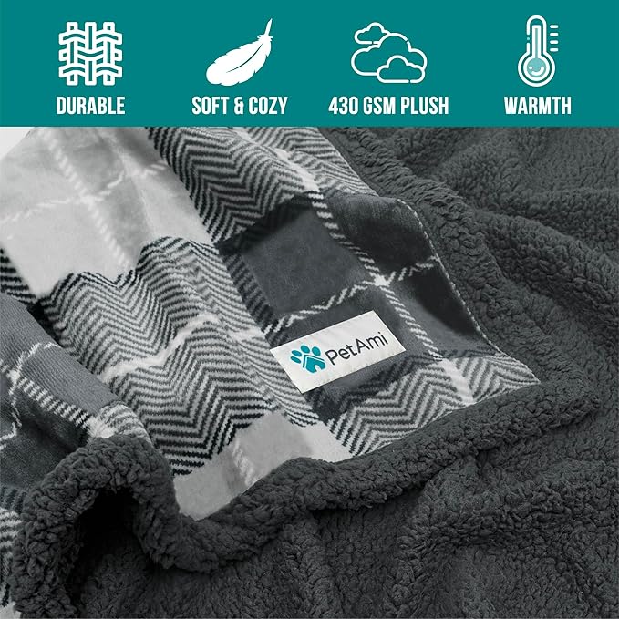 PetAmi Waterproof Dog Blanket for Small Medium Dog, Pet Puppy Blanket Couch Cover Protection Sherpa Fleece Cat Blanket Couch Sofa Bed Furniture Protector Reversible Soft Washable 29x40 Plaid Charcoal