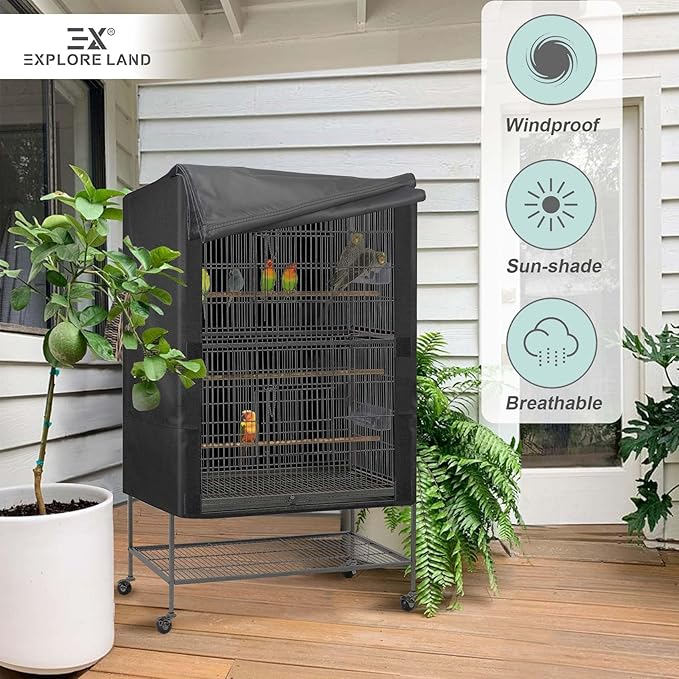 Explore Land Bird Universal Pet Cage Cover for Night for Cats, Mink, Totoro, Parakeet, Parrot and Small Animals (Black, L)