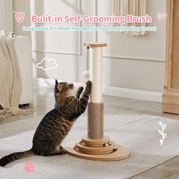 Made4Pets Cat Scratching Post, 23" Tall Sisal Scratcher Post with Cat Self Groomer, 4-in-1 Interactive Trackball Toys with Cat Hair Brush, Vertical Cat Climbing Tree with Dangling Plush Balls