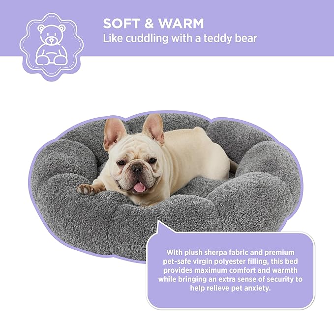 Lesure Calming Medium Dog Bed - Flower Donut Round Fluffy Puppy Bed in Plush Teddy Sherpa, Non-Slip Cute Flower Cat Beds for Indoor Cats, Medium Pet Bed Fits up to 45 lbs, Machine Washable, Grey 30"