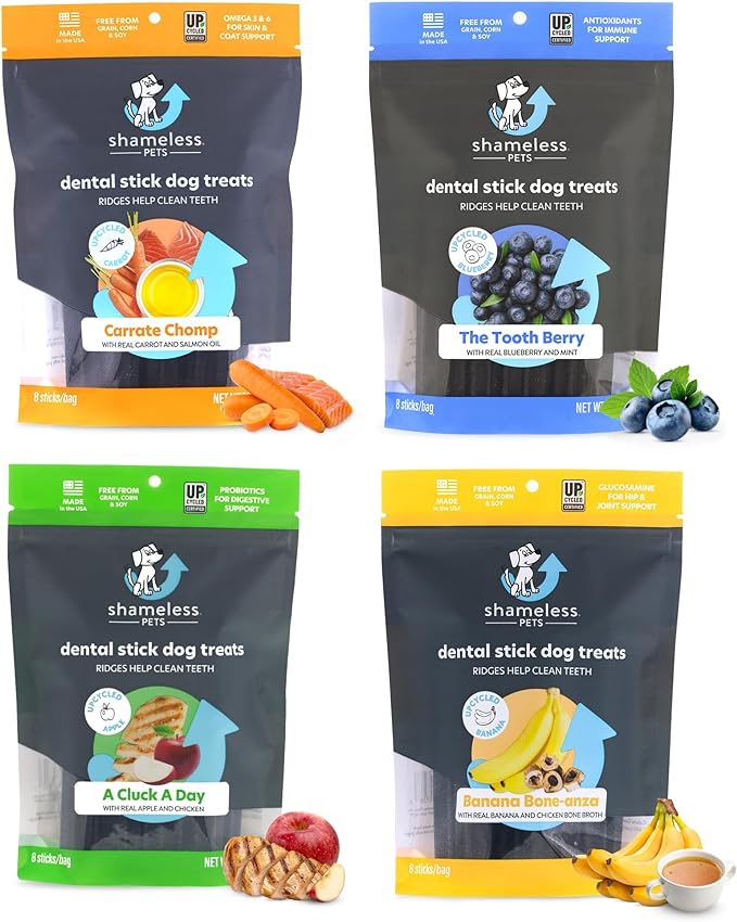 Shameless Pets Dental Treats for Dogs, Variety (4-Pack) - Healthy Dental Sticks for Teeth Cleaning & Fresh Breath - Dog Bones Dental Chews Free from Grain, Corn & Soy