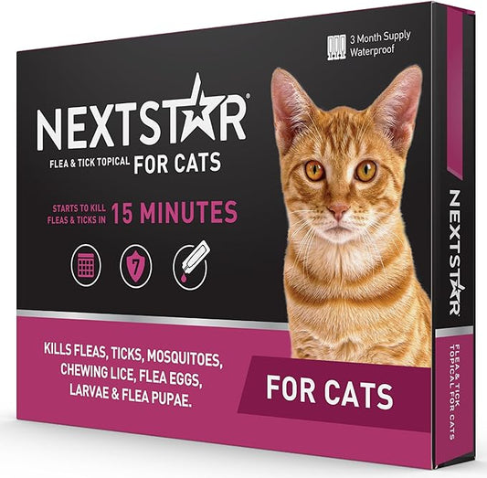 Flea and Tick Prevention for Cats, Repellent, and Control, Fast Acting Waterproof Topical Drops for Cats Over 3.5 lbs, 3 Month Dose