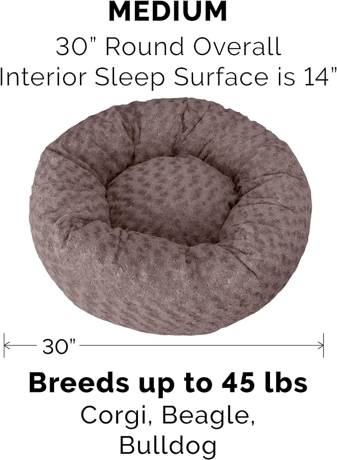 Furhaven 30" Round Donut Dog Bed for Medium/Small Dogs, Refillable w/ Removable Washable Cover, For Dogs Up to 45 lbs - Curly Faux Fur Donut Bed - Cocoa Dust, Medium