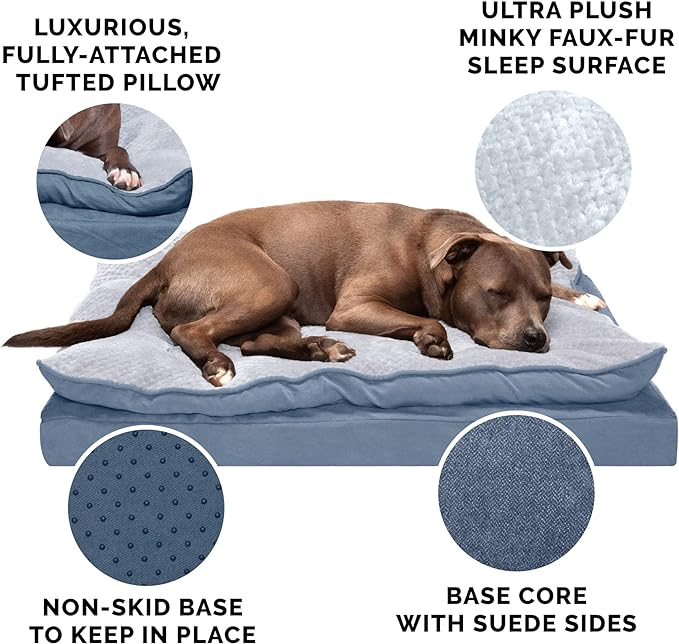 Furhaven Orthopedic Dog Bed for Large Dogs w/ Pillow Cushion Top & Removable Washable Cover, For Dogs Up to 95 lbs - Minky Plush & Suede Pillow Top Mattress - Stonewash Blue, Jumbo/XL