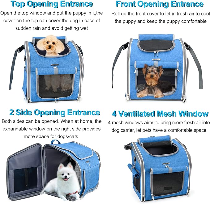 Dog Bike Basket, Expandable Soft-Sided Pet Carrier Backpack with 4 Open Doors, 4 Mesh Windows for Small Dog Cat Puppies - Blue