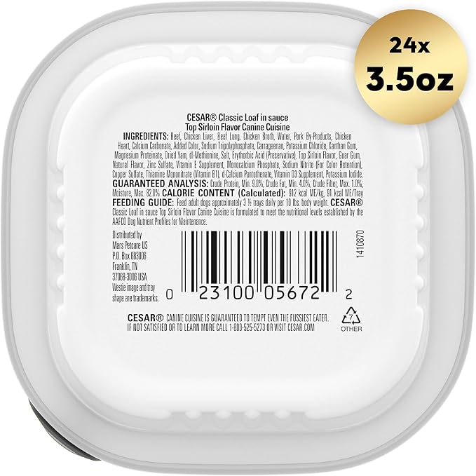 CESAR Adult Wet Dog Food Classic Loaf in Sauce Top Sirloin Flavor, 3.5 oz. Easy Peel Trays, Pack of 24