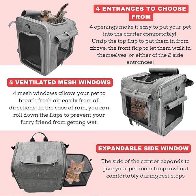 Dog Bike Basket, Expandable Soft-Sided Reflective Pet Carrier Backpack with 4 Open Doors, 4 Mesh Windows for Medium Small Dog Cat Puppies (Grey)