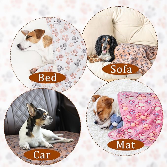 1 Pack 3 Blankets Super Soft Fluffy Premium Fleece Pet Blanket Flannel Paw Printed Throw for Dog Puppy Cat (Medium 30x20'', Brown, Pink, White)