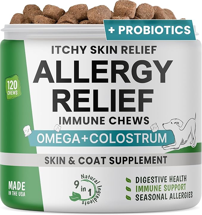 Allergy Relief Dog Chews - Itchy Skin Relief w/Probiotics + Omega 3 + Colostrum - Seasonal Allergies - Anti-Itch Treats - Skin&Coat + Immune Supplement - Made in USA - Chicken Flavor -120Ct