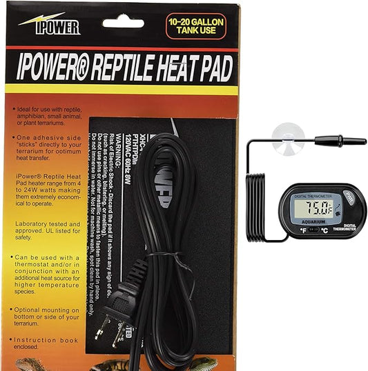 iPower Reptile Heat Pad 4W/8W/16W/24W Under Tank Terrarium Warmer Heating Mat and Digital Thermostat Controller for Turtles Lizards Frogs and Other Small Animals, Multi Sizes