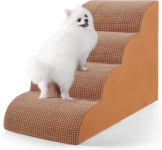 Dog Stairs for High Beds, 4-Tier Dog Stairs for Small Dogs and Cats High Density Foam Dog Steps for Couch & Bed, Pet Stairs with Non-Slip Bottom for Doggies, Old Dogs and Injured Pets, Camel