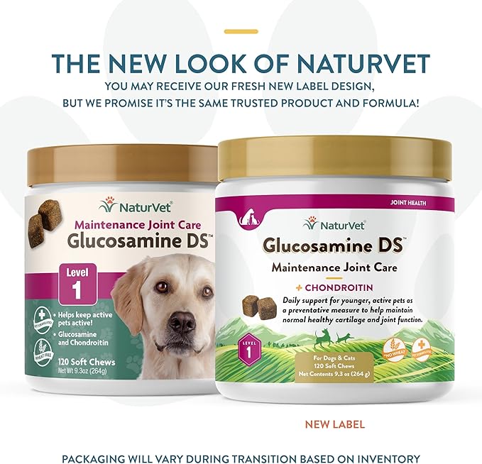 NaturVet Glucosamine DS Level 1 Maintenance, Joint Care Support Supplement for Dogs and Cats, Soft Chews, Made in The USA