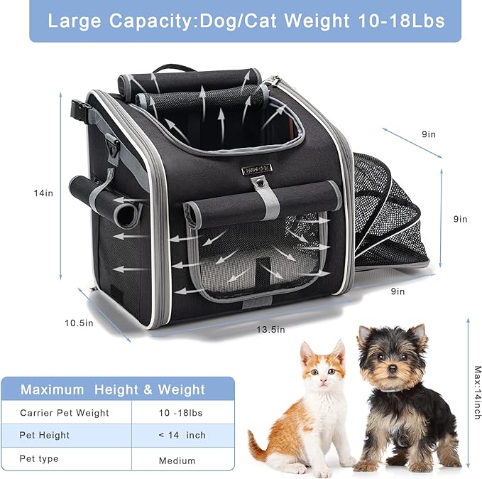 Dog Bike Basket, Expandable Soft-Sided Pet Carrier Backpack with 4 Open Doors, 4 Mesh Windows for Small Dog Cat Puppies-Black