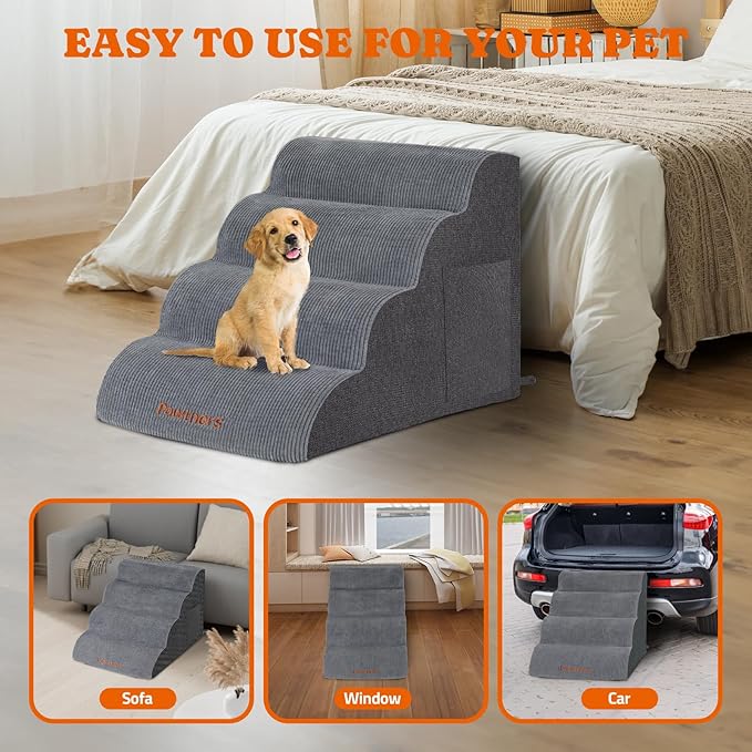 Dog Stairs for Small Dogs: Pawtners 4 Steps 16" Tall Dog Ramp for Bed, Foam Pet Stairs for Large Cat and Medium Dogs, Dog Steps for Dogs to Get on Bed for Couch Sofa Bed Grey