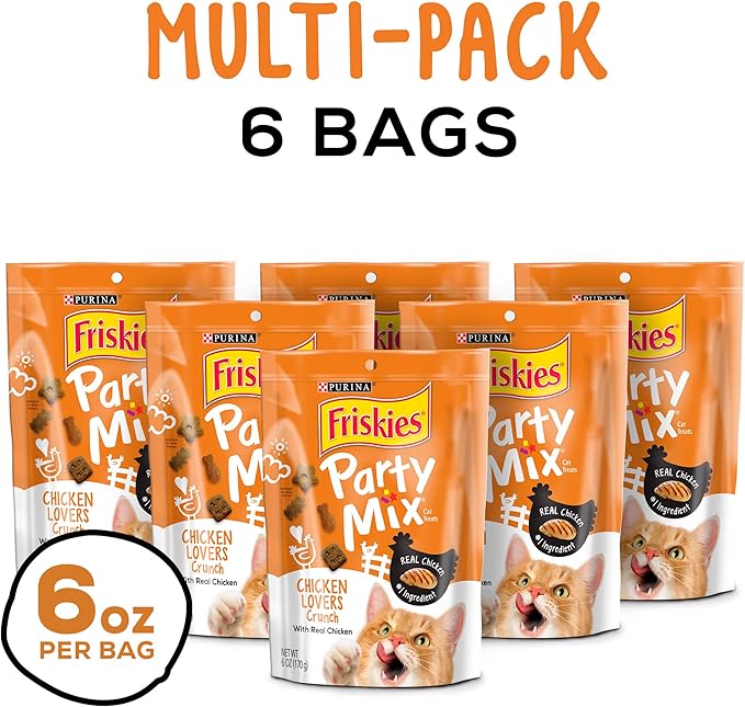 Purina Friskies Made in USA Facilities Cat Treats, Party Mix Chicken Lovers Crunch - (6) 6 oz. Pouches