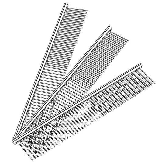 Dog Combs Cat Combs 3 Pack Pet Combs Stainless Steel Metal Comb Wide Tooth Comb&Dense Tooth Comb Flea Comb for Cats Dogs Dog Grooming Comb-Silver