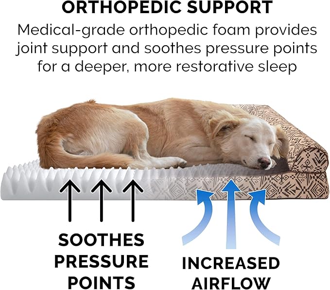 Furhaven Orthopedic Dog Bed for Medium/Small Dogs w/ Removable Bolsters & Washable Cover, For Dogs Up to 35 lbs - Plush & Southwest Kilim Woven Decor Sofa - Desert Brown, Medium