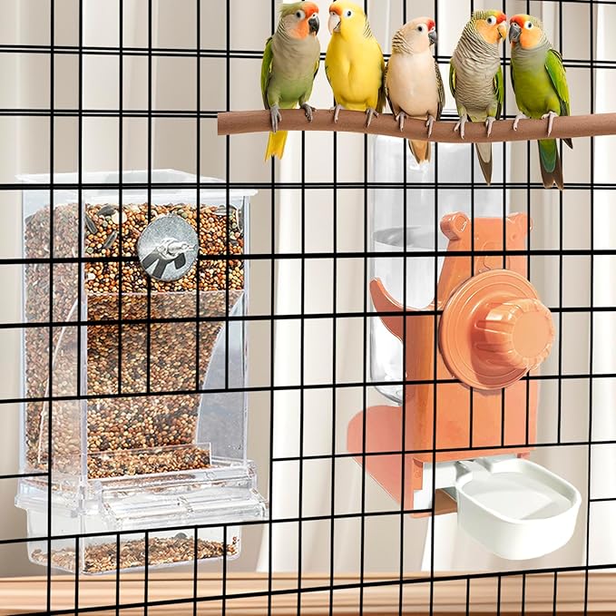 No Mess Bird Feeders with Water Dispenser Automatic Transparent Acrylic Food Container Drinker for Cage Automatic Parrot Feeder Seed Container Cage Accessories Orange