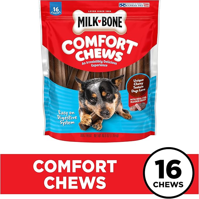 Milk-Bone Comfort Chews, Rawhide Free Dog Treats with Unique Chewy Texture and Real Beef, 16 Chews, Easy on Digestive System