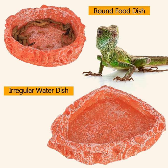 Reptile Water Dish Food Bowl for Bearded Dragon Tank Accessories, Hyggerzoo Reptile Rock Feeder for Reptile Tank 2 Pack Corner Resin Terrarium Bowl for Leopard Gecko Hermit Crab Tortoise Snake, Orange