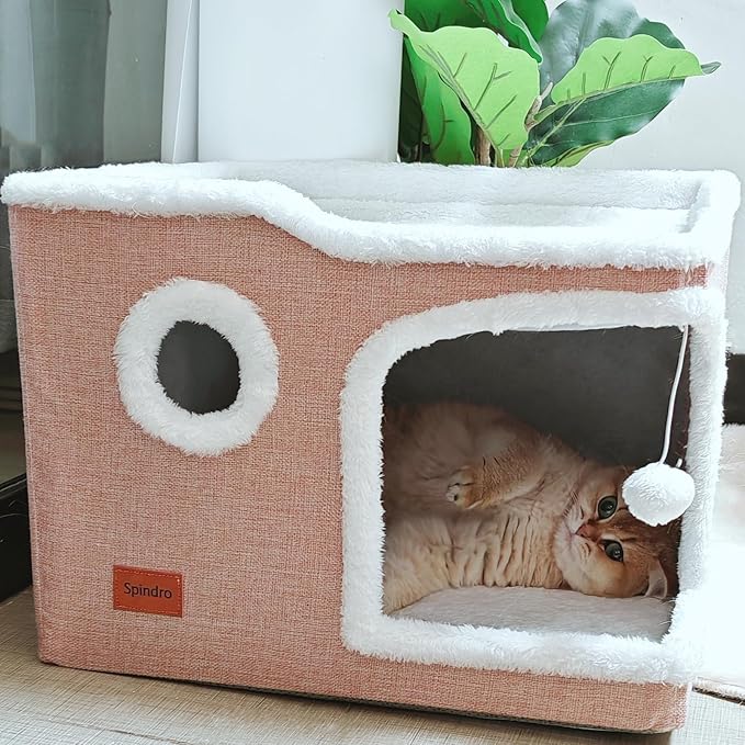 Large Cat Cave Bed for Indoor Cats, Cats Cube House with Scratch Pad Cat Condo Hideaway Tente Hut with Washable Sherpa Warm Soft Cat Mat, Cute Cat Beds Furniture, Modern Dog Bed,Pink