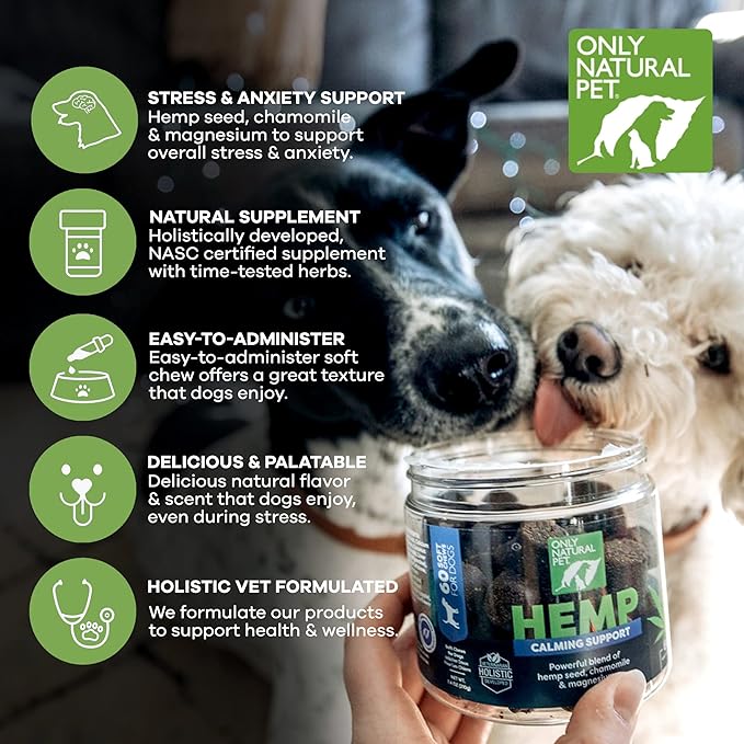 Only Natural Pet - Natural Hemp Soft Chew Bites for Dog Stress & Anxiety Relief - L-Theanine, Chamomile & Lemon Balm - Hemp Oil Calming Chews for Dogs - 120 Count