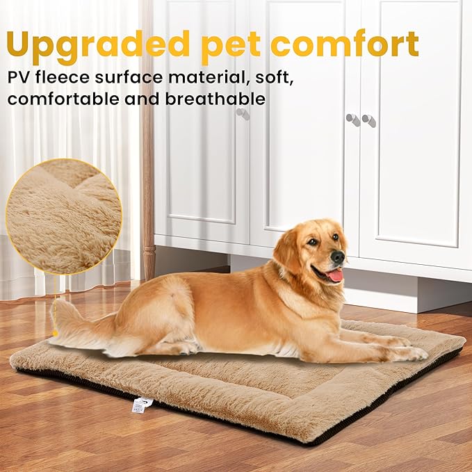 Dog Beds Crate Pad for Large Dogs, Cat Bed Washable Dog Crate Pad Dog Bed Mat Washable Dog Beds Anti-Slip & Anti-Scratch Pet Sleeping Mat (Khaki,L)