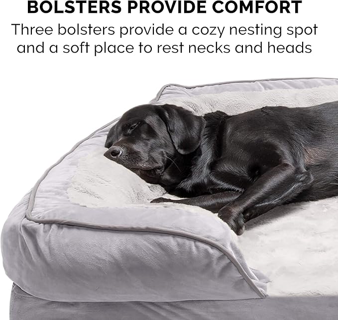 Furhaven Memory Foam Dog Bed for Large Dogs w/ Removable Bolsters & Washable Cover, For Dogs Up to 125 lbs - Plush & Velvet Waves Perfect Comfort Sofa - Granite Gray, Jumbo Plus/XXL
