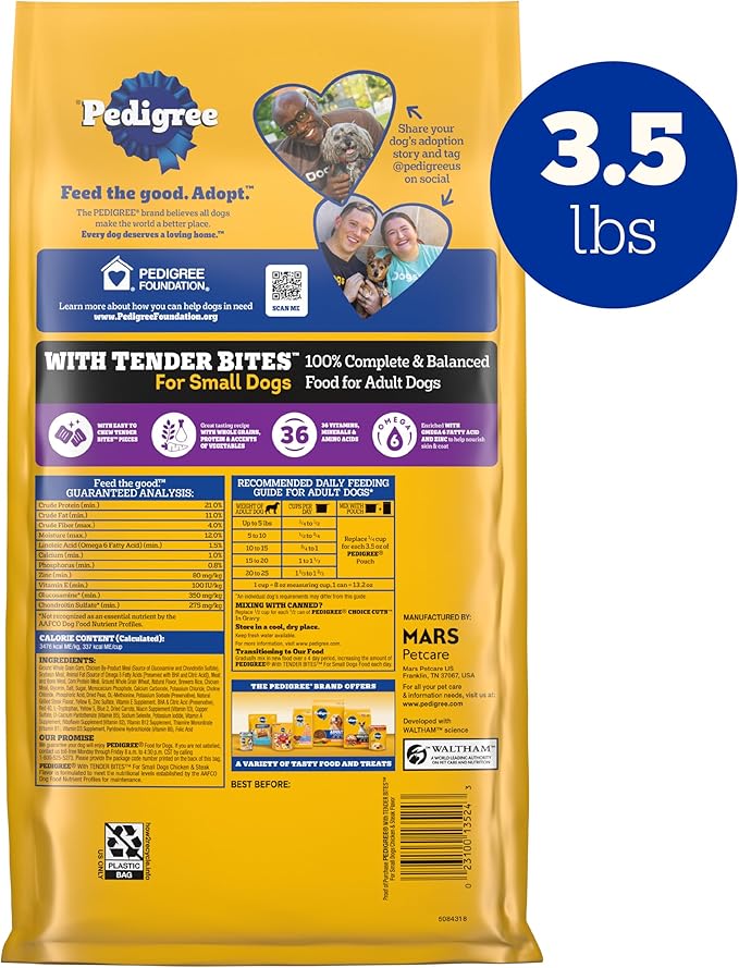 PEDIGREE with Tender Bites Small Dog Complete Nutrition Small Breed Adult Dry Dog Food, Chicken & Steak Flavor Dog Kibble, 3.5 lb. Bag