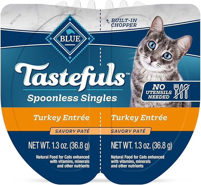 Blue Buffalo Tastefuls Spoonless Singles Adult Pate Wet Cat Food, Turkey Entrée, Perfectly Portioned Cups in (24) 2.6-oz Twin-Pack Trays