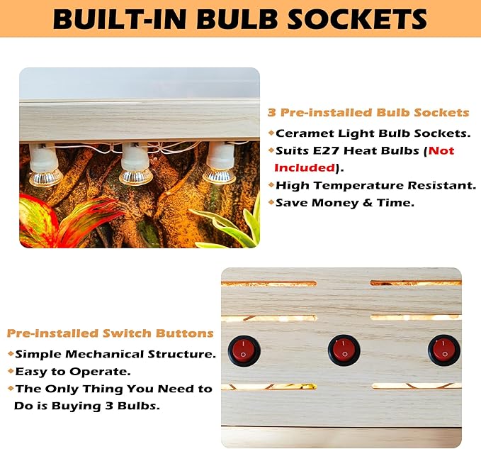 Reptile Terrarium, Lizard Tank Up to 68 Gallons, Bearded Dragon Tank with Roof Door, Snake Tank with Built-in Lamp Fixture and Switch (35 Gallon, 40" Long, Openable Wood Roof)