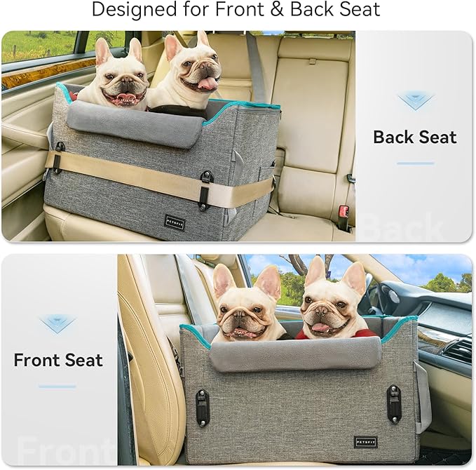 PETSFIT Dog Booster Car Seat, Dog Car Seat for Medium Dogs with 2 Clip-On Safety Leashes, Patented Buckles, Pet Car Seat with Big Pockets for Pets Under 45Lbs (Medium, Grey)