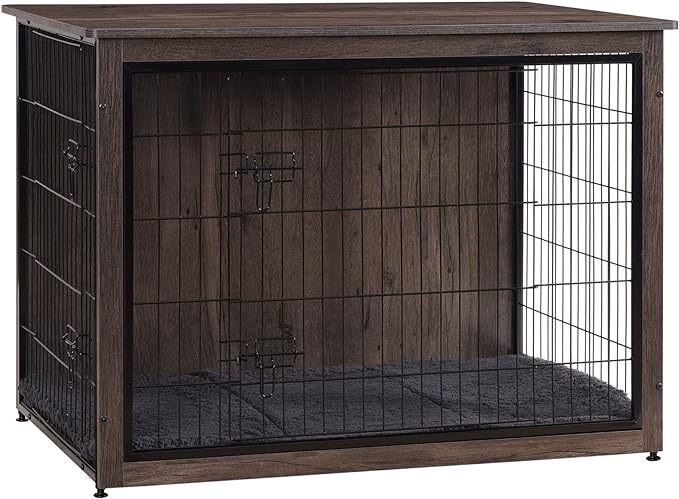 DWANTON Dog Crate Furniture with Cushion, XL Wooden Dog Crate with Double Doors, Large Dog Crate Furniture, Dog Kennel Indoor, End Table, Extra Large, 43.3" L, Dark Grey