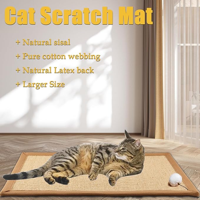 Cat Scratching Mat Hanging Toy Ball with Bell, 23.6x16.1 Sisal Cat Scratcher Mat with Latex Back & Cotton Borde,Horizontal Cat Scratchers Protect Carpets & Sofa (Beige with Cotton Border)