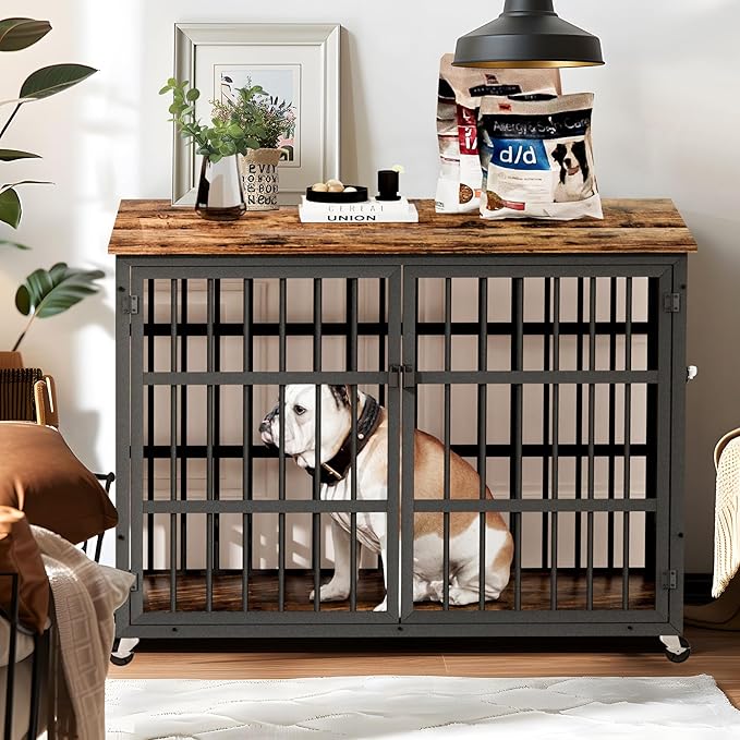 NicBex Dog Crate Furniture, 38.4" L Dog Crates for Large Dogs, Large Dog Crate with Double Doors, Wooden Dog Kennel Indoor Flip-Top for Large Dog House Pet Crate, Rustic Brown