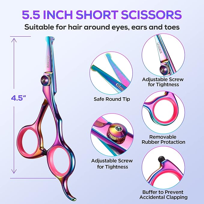 Gimars Professional 4CR Stainless Steel 6 in 1 Grooming Scissors for Dogs with Safety Round Tip, Heavy Duty Titanium Coated Pet Grooming Scissor for Dogs, Cats and Other Animals