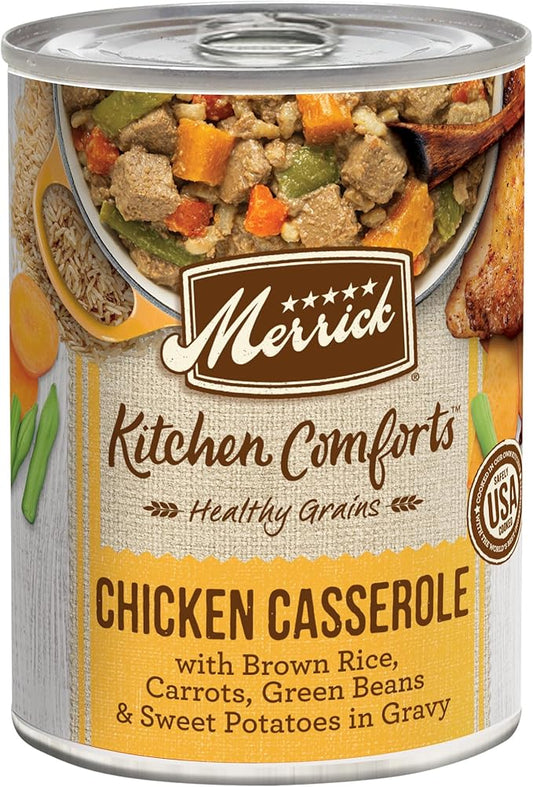 Merrick Kitchen Comforts Healthy and Natural Canned Adult Dog Food with Gravy, Chicken Casserole with Rice - (Pack of 12) 12.7 oz. Cans