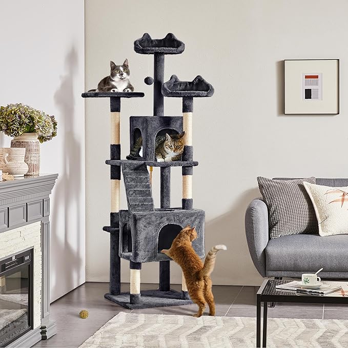 Yaheetech XL Cat Tree, 72in Multi-Level Cat Tower with 2 Cozy Caves, 3 Soft Perches, Scratching Posts, Board, and Dangling Ball, Cat Furniture Cat Play House Kittens, Dark Gray